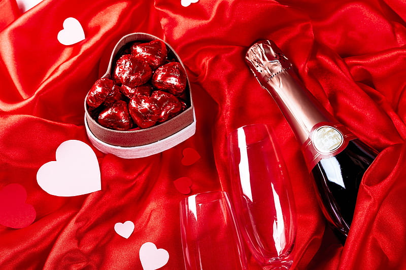 Holiday, Valentine's Day, Bottle, Box, Champagne, Glasses, Heart, Love, Romantic, HD wallpaper