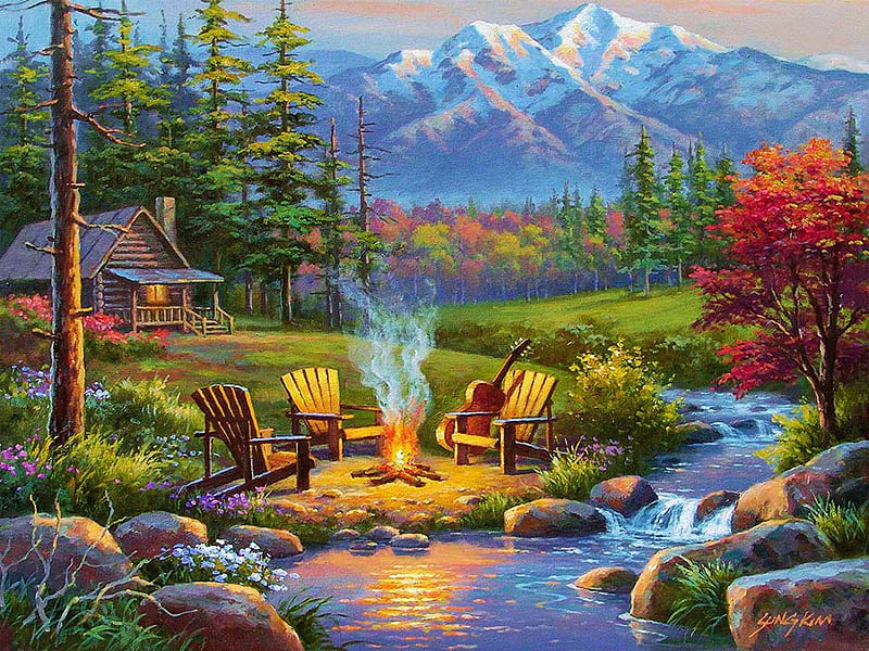 Riverside Living Room, cabin, stones, river, guitar, chairs, artwork, painting, autumn, trees, flowers, nature, campfire, mountains, HD wallpaper