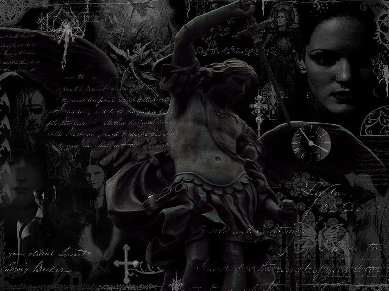 The Way, wings, guy, black and white, words, clock, dragon, angels, women, faces, wepon, statue, poem, gothic, dark, crosses, HD wallpaper