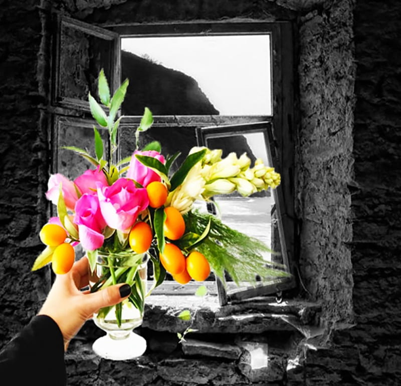 Because when we want, we can give life to debris!, window, clear, broken, vase, woman, ramshackle house, old, glass, flower arrangement, walls, stone, hand, flowers, sea view, HD wallpaper