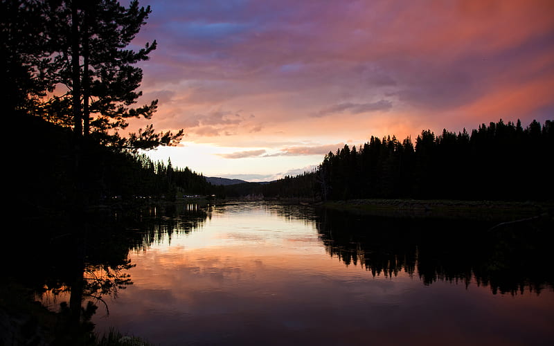 Yellowstone Sunset, forest, twilight, reflection, clouds, sky, lake, HD wallpaper
