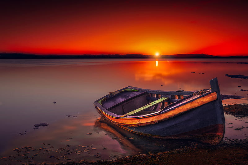 Boat at Sunset, shore, horizon, boat, nature, sunset, twilight, sky, HD