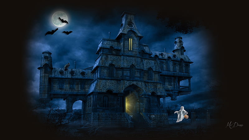 Haunted House, raven, bats, jack o lantern, spirits, moon, spooky, ghosts, scary, Halloween, pumpkins, night, HD wallpaper