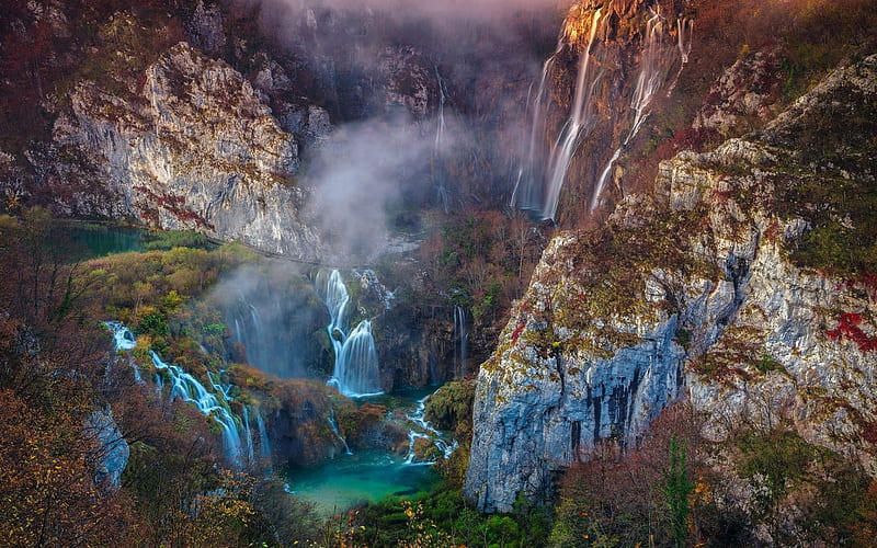 waterfalls, rocks, lake, Plitvice Lakes, National Park, Croatia, mountains, HD wallpaper