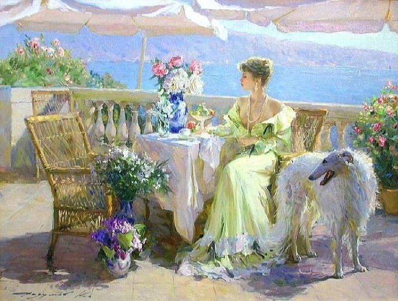 Morning on the patio, patio, table, dress, balcony, vase, breakfast, bonito, awning, tablecloth, woman, painting, cup, flowers, chair, dog, HD wallpaper