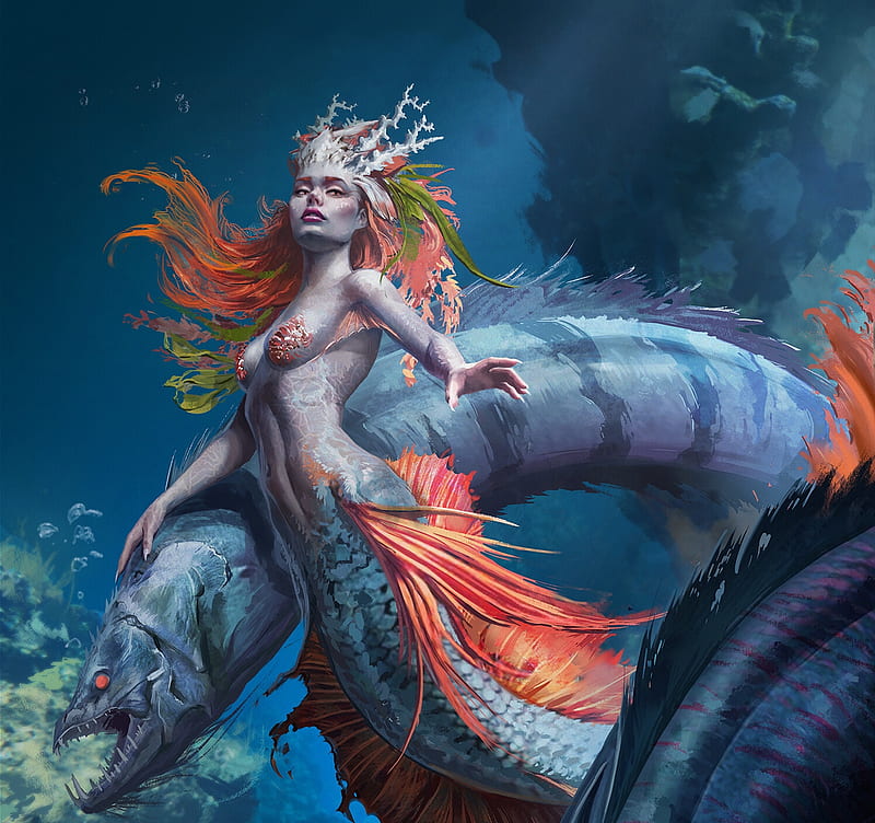 Lady and her pets, summer, mermaid, siren, aleksandra skiba, blue, art, underwater, luminos, fish, peste, fantasy, vara, HD wallpaper