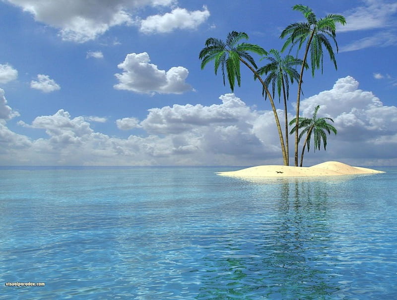 Solitary Island, water, ocean, island, clouds, sky, palm trees, blue, HD wallpaper