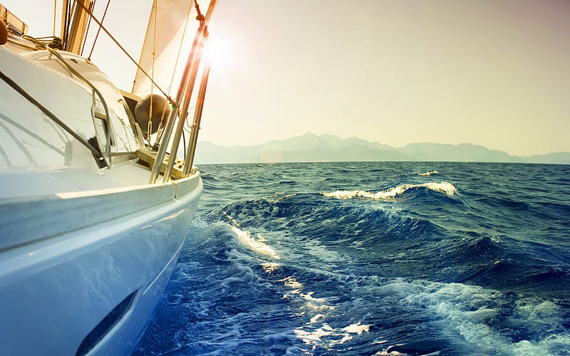 white yacht, sea, waves, sailboat, Mediterranean, coast, HD wallpaper