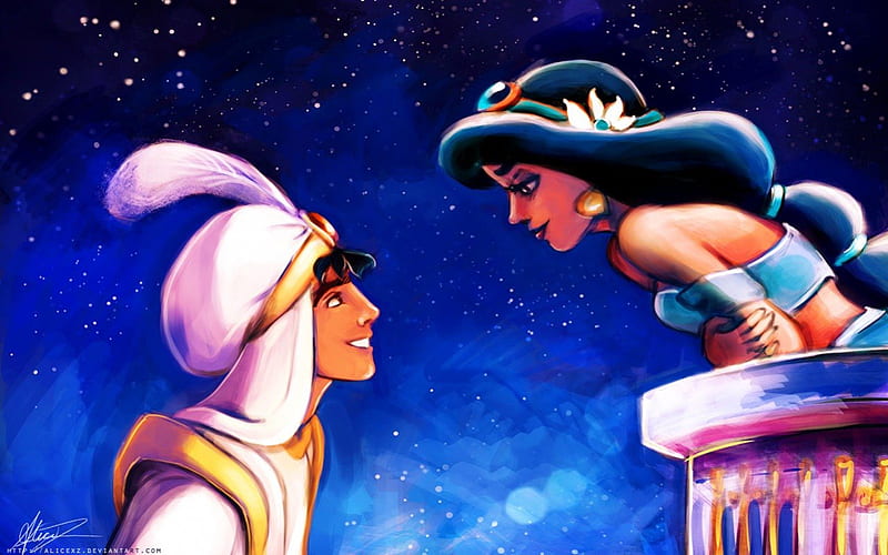 Aladdin, Disney, Cartoon, Painting, Princesses, Movie, Jasmine, HD wallpaper