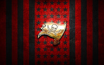 Tampa Bay Buccaneers flag, NFL, red black metal background, american football team, Tampa Bay Buccaneers logo, USA, american football, golden logo, Tampa Bay Buccaneers, HD wallpaper