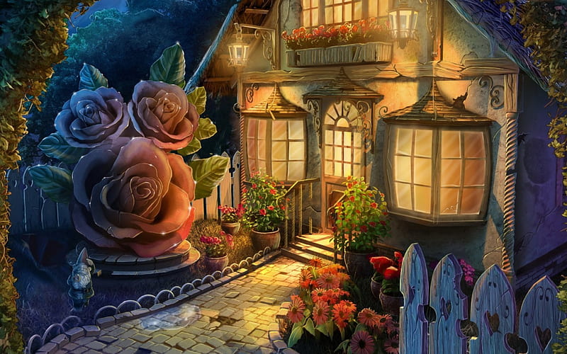 art, house, lantern, window, orange, rose, yellow, fantasy, flower, garden, dwarf, light, blue, night, HD wallpaper