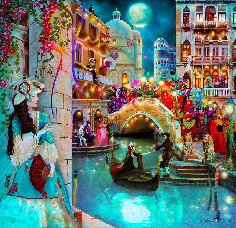 Venice Carnivale, red, colorful, aimee stewart, lights, boat, moon, bridge, blue, night, art, frumusete, moon, luminos, fantays, hat, canale, girl, HD wallpaper