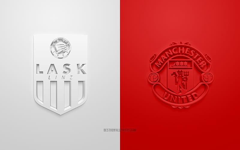 LASK vs Manchester United FC, UEFA Europa League, 3D logos, promotional materials, Europa League 2020, white-red background, Europa League, football match, LASK, Manchester United FC, HD wallpaper