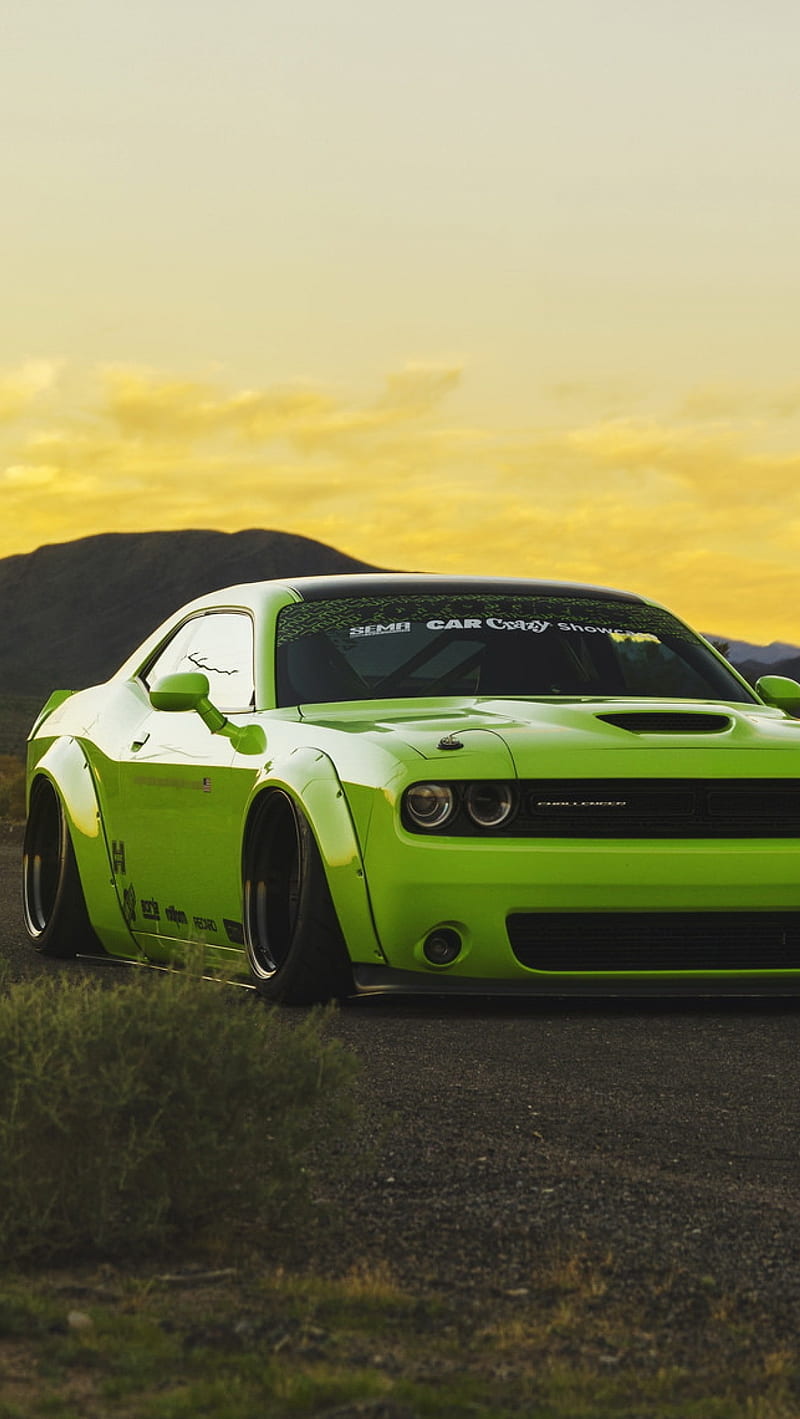Dodge Challanger, car, green, muscle, HD phone wallpaper