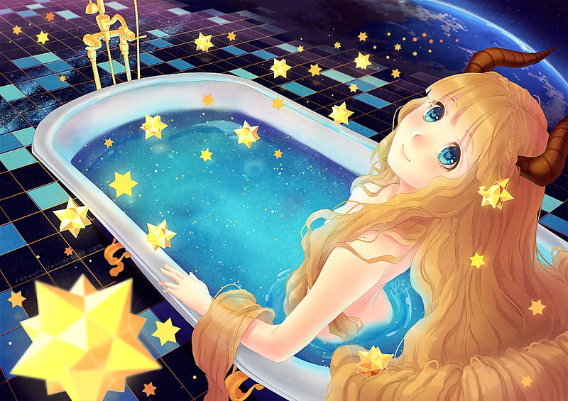 A bath under the stars, stars, manga, yellow, bath, horns, demon, fantasy, rosuuri, vara, water, girl, anime, summer, blue, HD wallpaper
