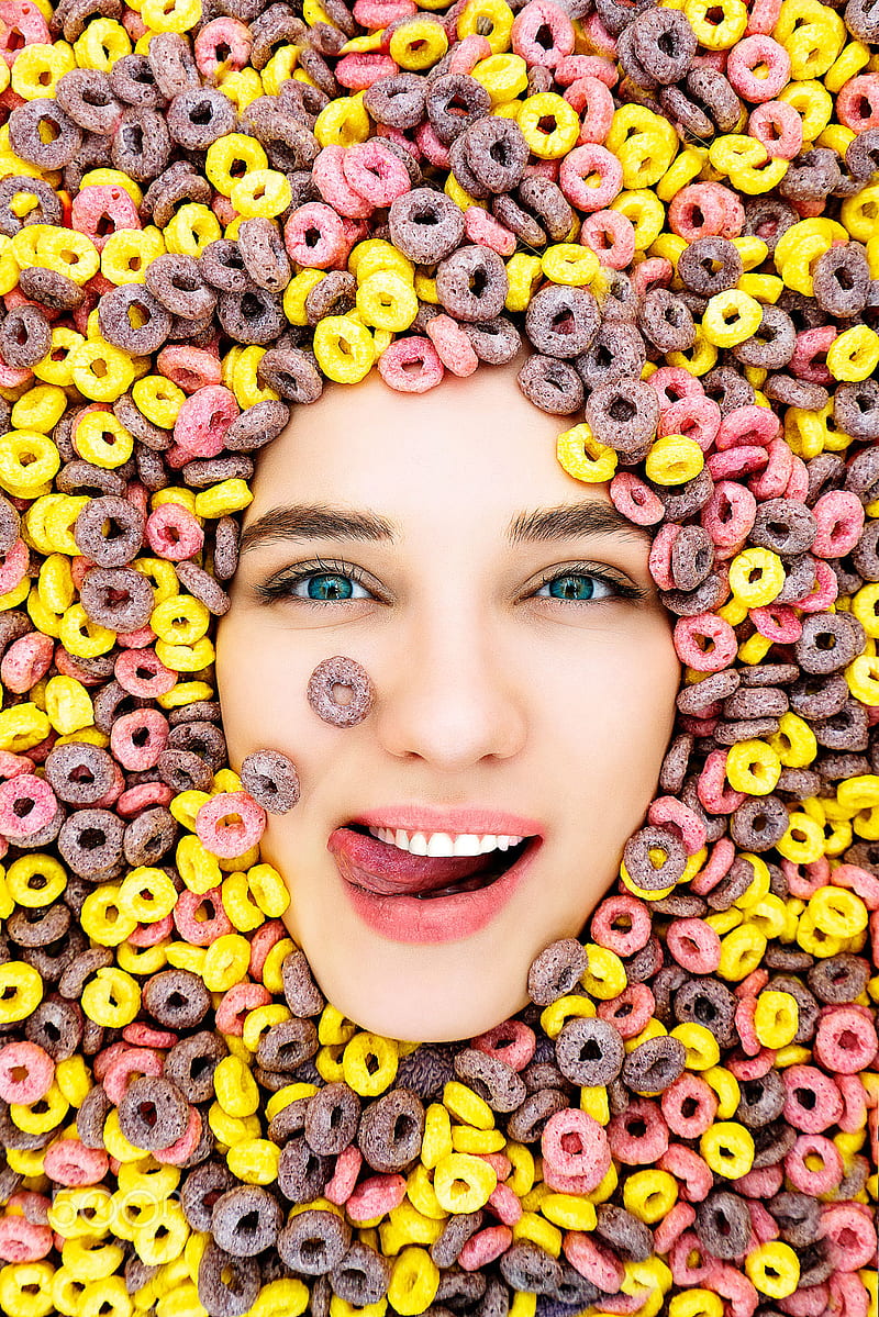 Daria Klepikova, women, food, cereal, portrait, blue eyes, tongue out, makeup, colorful, HD phone wallpaper