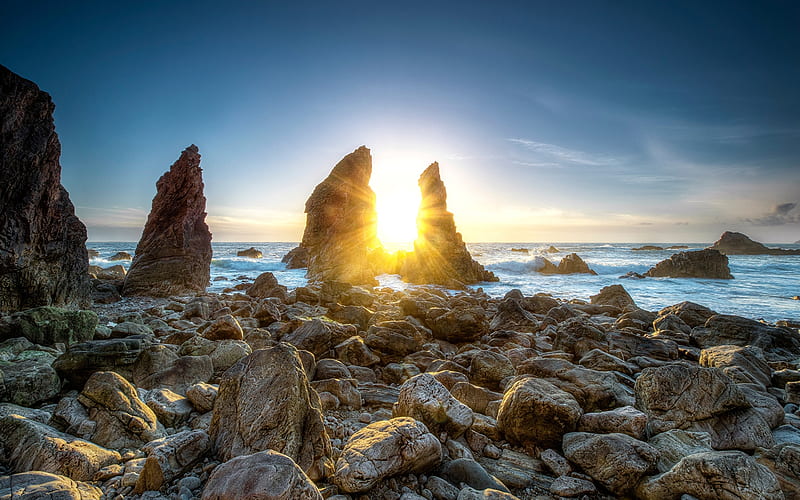 Rocks Off The Coast, sun, stone, arch, cliff, nature, sunrise, coast, sea, rocks, HD wallpaper