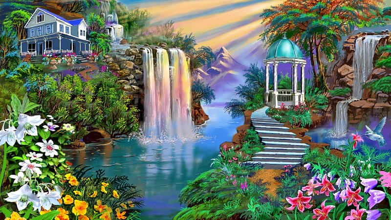 Enchanted paradise, flower, painting, sunrays, waterfalls, HD wallpaper