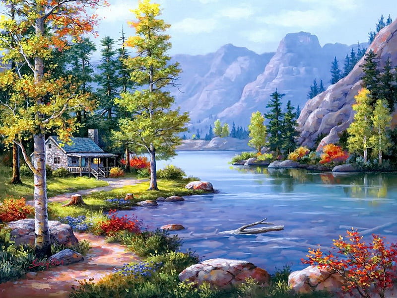 Log cabin retreat, pretty, house, riverbank, shore, cottage, cabin, bonito, villa, clouds, log cabin, countryside, mountain, nice, calm, painting, path, village, peaks, river, quiet, lovely, view, spring, sky, trees, lake, serenity, peaceful, summer, HD wallpaper