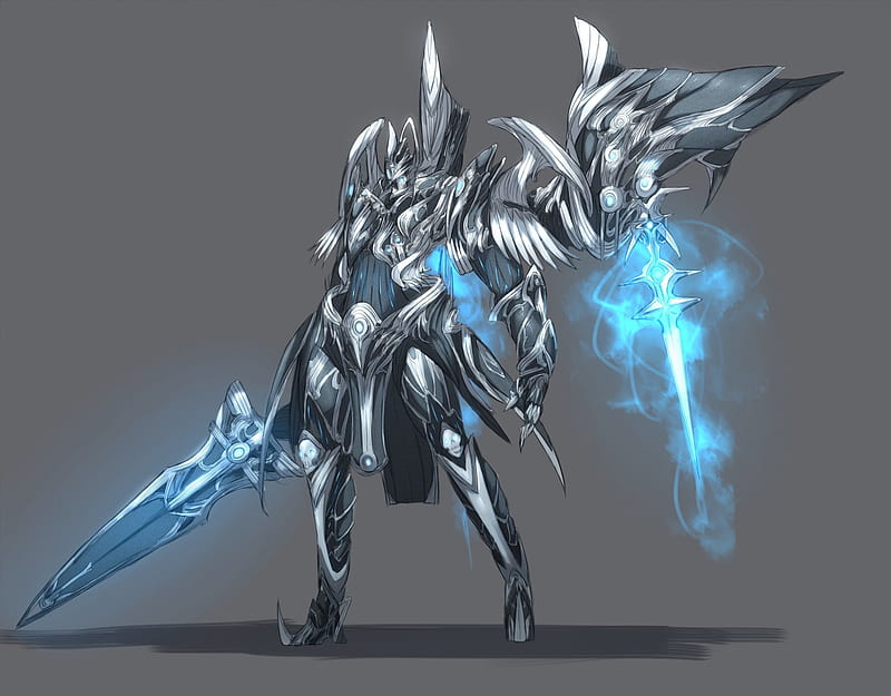The blue knight, magical sword, wings, big warrior, fire, fantasy, cool, warrior, anime, blue fire, weapon, sword, knight, HD wallpaper