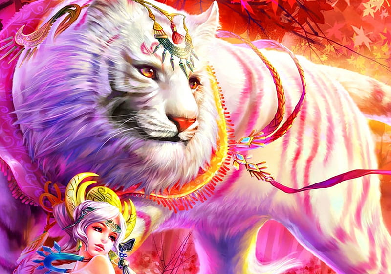 The White Tiger, art, game, yellow, tiger, animal, fantasy, shawli2007, girl, purple, beauty, four symbols, white, pink, HD wallpaper