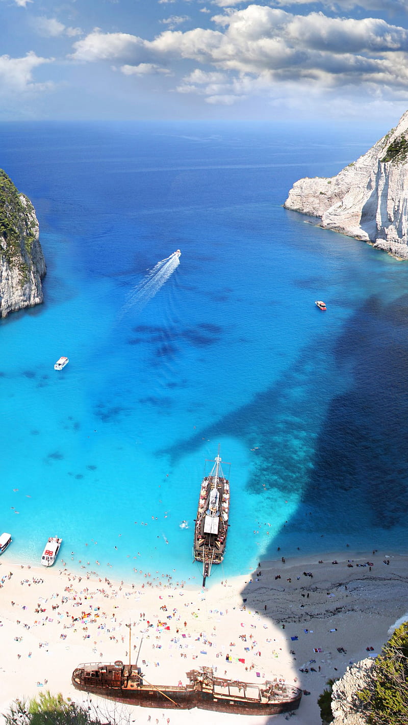 greece, boat, clouds, nature, people, rock, sea, HD phone wallpaper