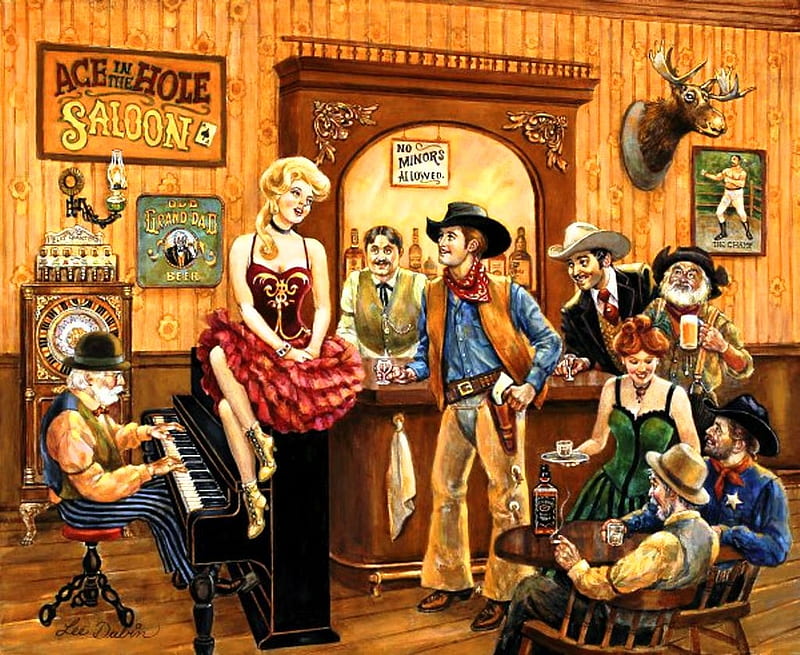 The Wild, Wild West, saloon, men, painting, artwork, women, cowboys, HD wallpaper