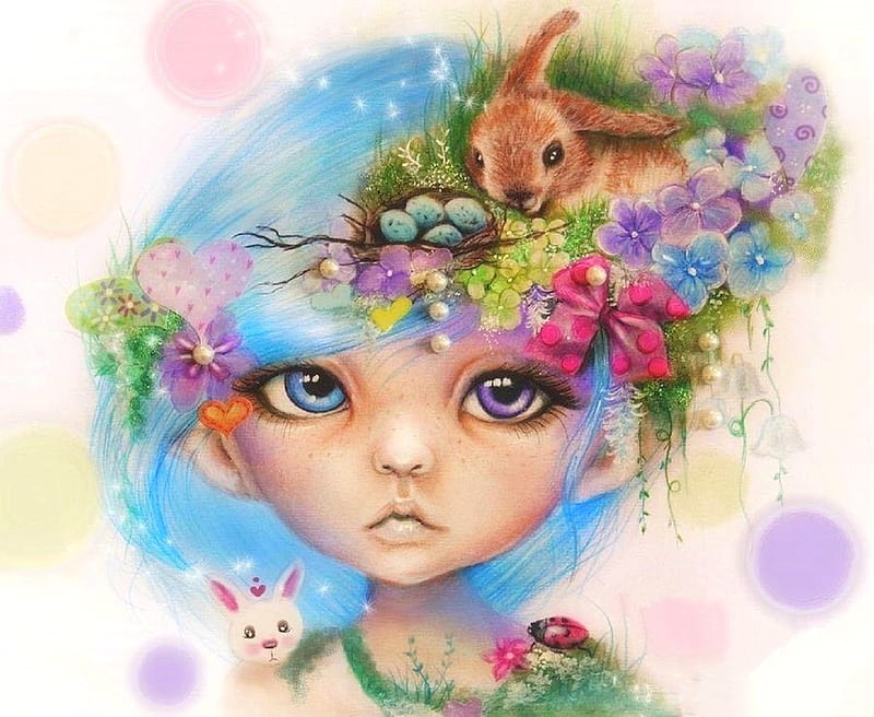 Easter Elf Eliza, draw and paint, elf, love four seasons, easter, spring, paintings, girl, weird things people wear, flowers, egges, bunny, animals, HD wallpaper