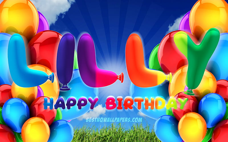Lilly Happy Birtay cloudy sky background, popular german female names, Birtay Party, colorful ballons, Lilly name, Happy Birtay Lilly, Birtay concept, Lilly Birtay, Lilly, HD wallpaper