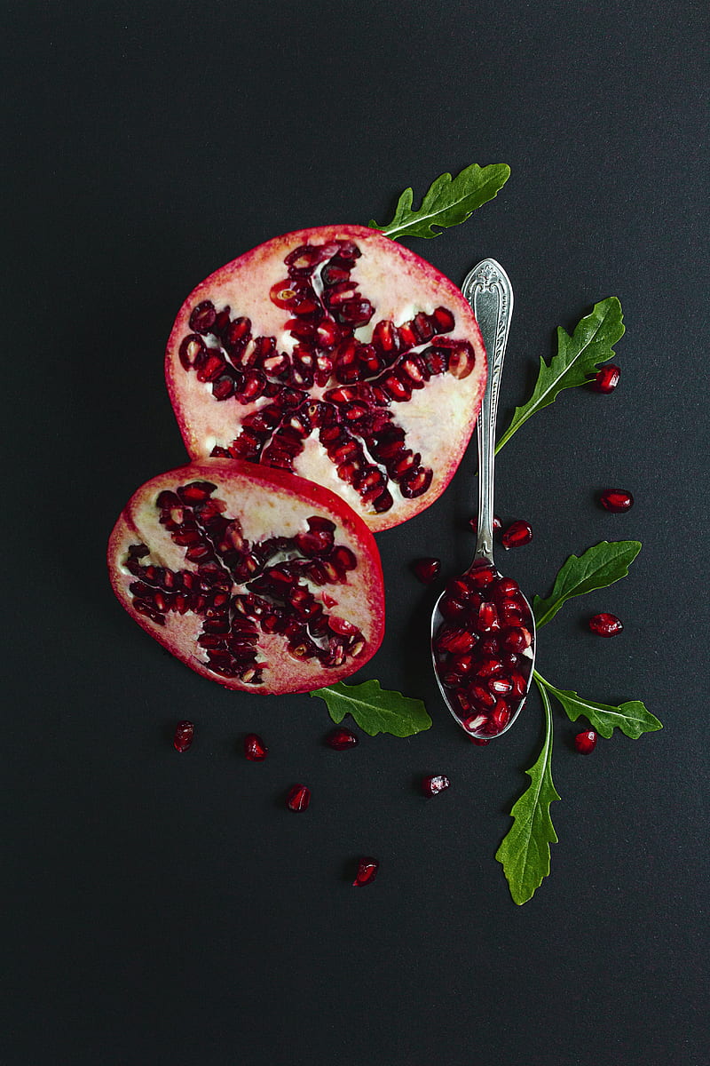 pomegranate, fruit, red, spoon, leaves, HD phone wallpaper