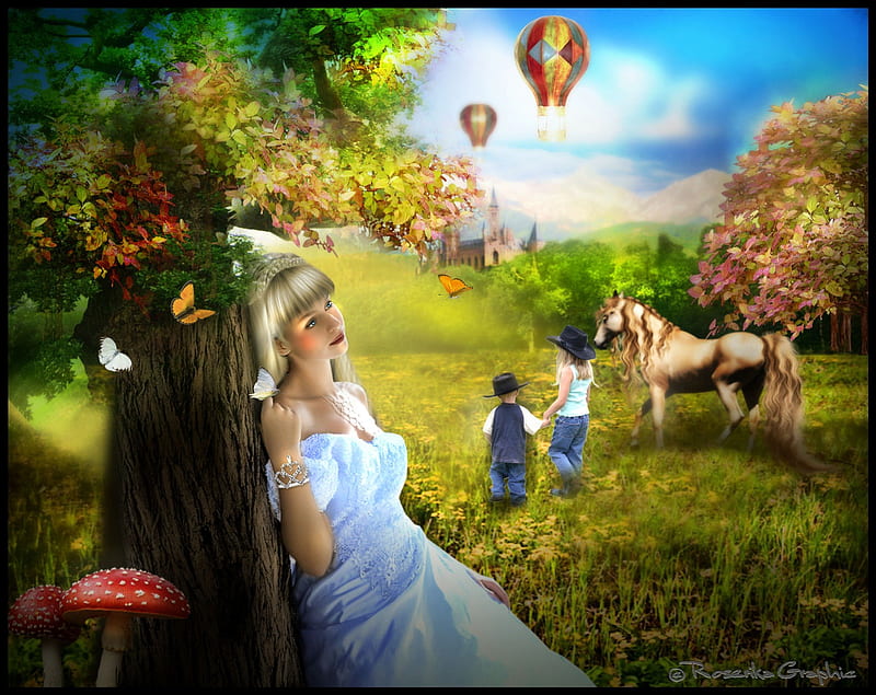 ✰.Field of Competition.✰, pretty, children, creations, adorable, clouds, sweet, splendor, grasses, manipulation, lands, love, emotional, flowers, resources, wings, lovely, sky, trees, cute, cool, splendidly, flying, blossoms, hop, colorful, bloom, bonito, elements, digital art, woman, competition, leaves, stock , fields, girls, animals, colors, butterflies, horse, balloons, backgrounds, mushrooms, nature, HD wallpaper