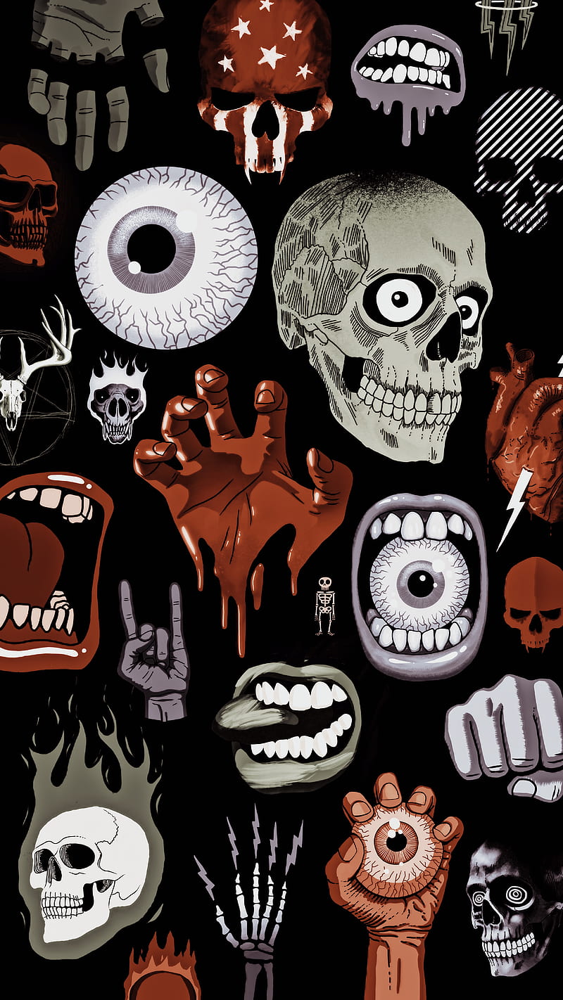 Bad Things Muted, My, art, badass, bones, cool, creepy, drawing, eye, eyeball, hand, illustration, red, scary, skull, stickers, HD phone wallpaper