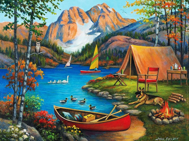 que Campsite, artwork, boats, fall, colors, trees, tent, mountains, lake, painting, HD wallpaper