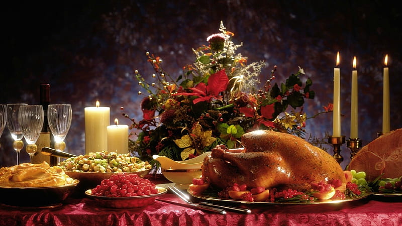 Foods On Table With Candles And Flowers With Leaves Thanksgiving, HD wallpaper