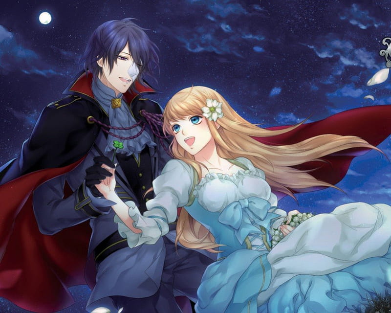 Phantom of the Opera, pretty, sweet, nice, love, anime, handsome, beauty, anime girl, long hair, star, lovely, romance, gown, blonde, sky, sexy, happy, short hair, cute, lover, dress, blond, guy, bonito, moon, hot, blue eyes, couple, night, female, cloud, male, romantic, blonde hair, smile, blond hair, boy, girl, blue hair, mask, HD wallpaper