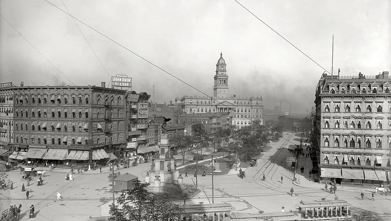 historic detroit center, center, city, trolley, tracks, smoke, historic, HD wallpaper