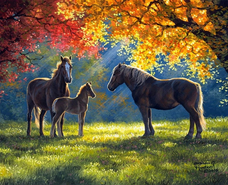 Family moment, art, cal, autumn, toamna, abraham hunter, painting, horse, pictura, HD wallpaper