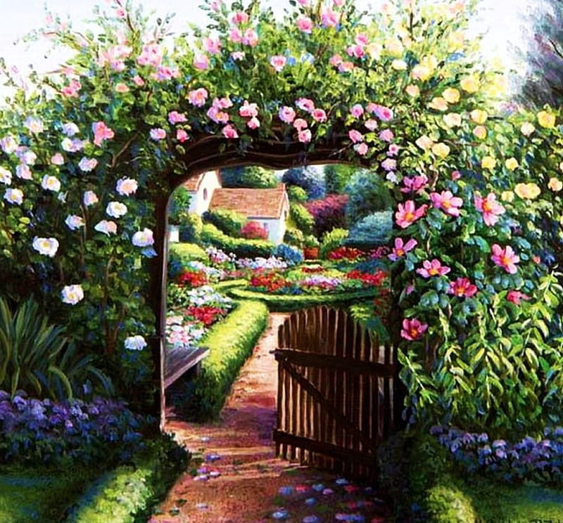 Flower Garden, arch, summer, path, sunshine, roses, door, HD wallpaper