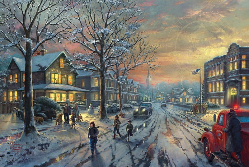 Winter evening, art, painting, sunset, evening, pictura, scene, winter, iarna, thomas kinkade, HD wallpaper