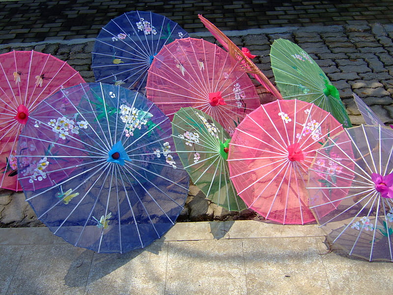 Rainbow of colors, umbrellas, red, colorful, colors, ground, bonito, rainbow, sun shades, green, asian, parasol, white, pink, blue, HD wallpaper