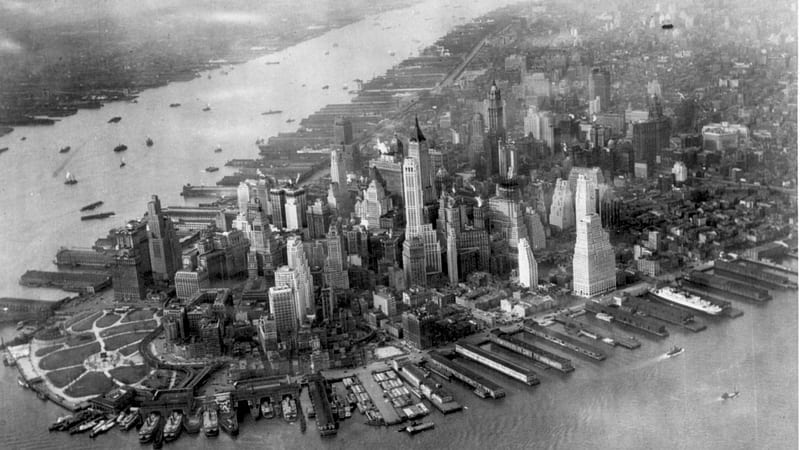 vintage aerial view of downtown manhattan, city, gray scale, rivers, vintage, skyscrapers, HD wallpaper