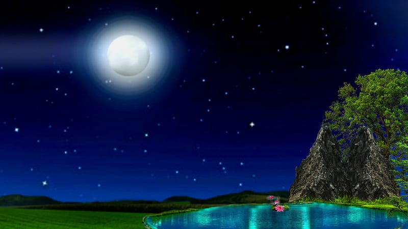 ~*~ Night at The Lake ~*~, romantic , romamantic night, night at the lake, full moon night, , lake night, HD wallpaper