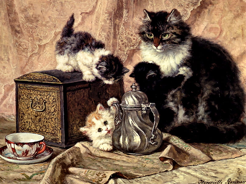 Teatime for Kittens - Cats, art, kittens, bonito, teatime, pets, illustration, artwork, animal, teapot, feline, painting, wide screen, scenery, cats, HD wallpaper