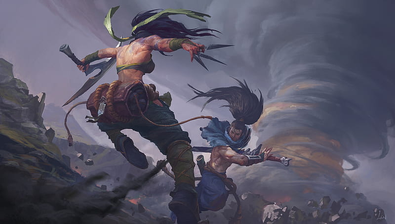 Akali and Yasuo, fighter, song nan li, akali, yasuo, man, lol, songnanli, couple, girl, HD wallpaper