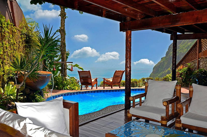 Luxury Hotel in the Mountains of St Lucia Caribbean - Swimming Pool, resort, bonito, st lucia, room, luxury, hotel, exotic, islands, view, swimming pool, vista, hot tub, caribbean, suite, water, paradise, mountains, spa, jacuzzi, island, tropical, HD wallpaper