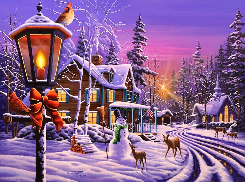 Christmas Curiosity, xmas and new year, winter, villages, cottages, holidays, love four seasons, birds, snowman, deer, paintings, snow, Christams, electric pole, HD wallpaper