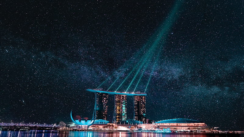 singapore, marina bay sands, stars, lights, modern architecture, City, HD wallpaper