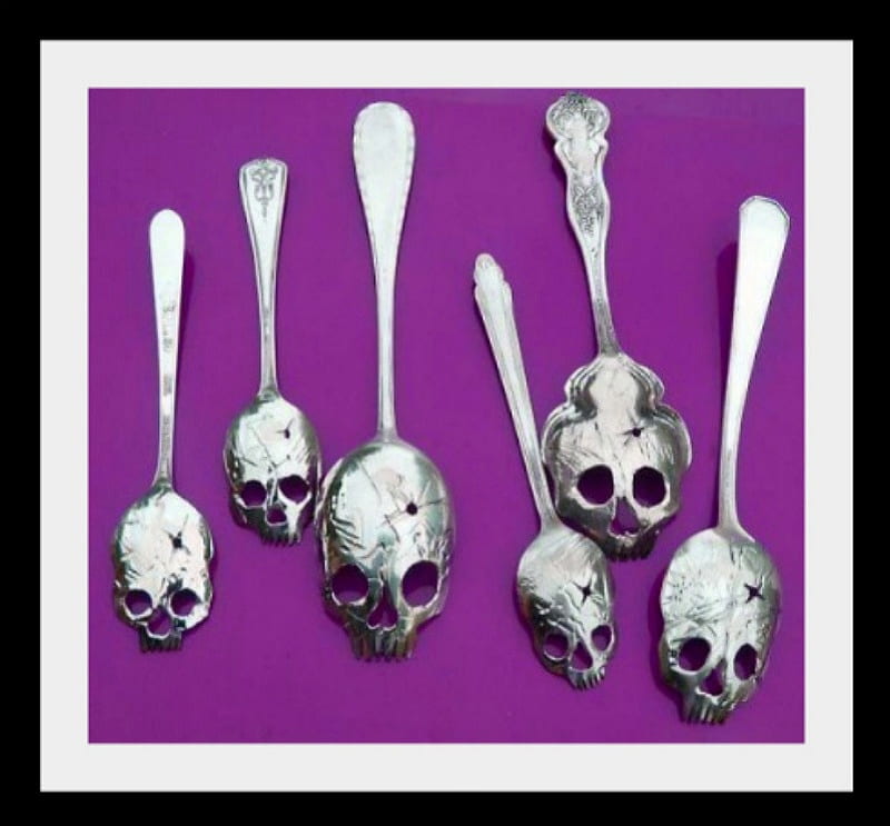 Silver Skull Innovations, fantasy, spoons, abstract, skull, artwork, HD wallpaper