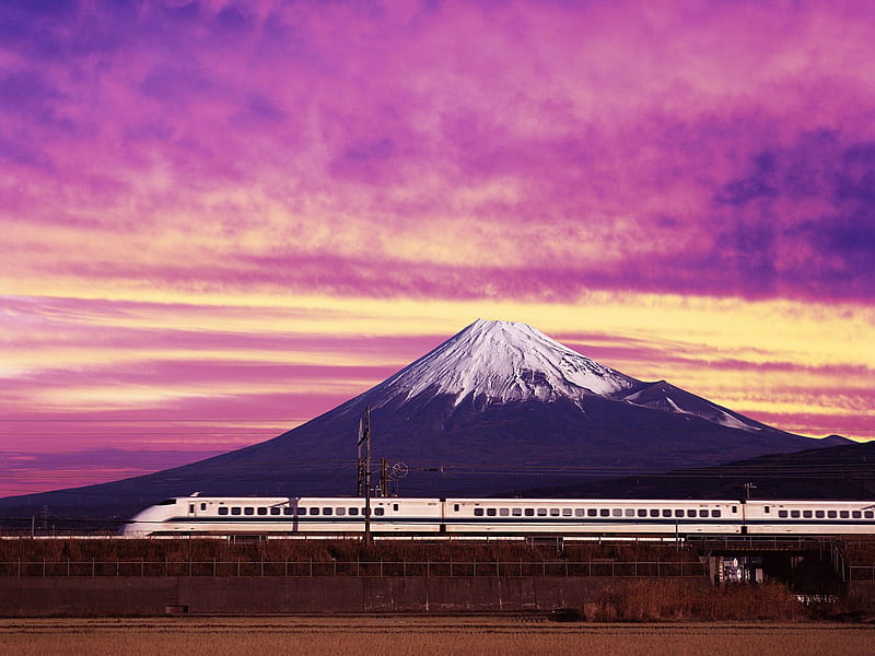 Shinkansen Bullet Train and Mount Fuji Japan, mountain, cool, hot, nature, sunset, bullet-train-mount-fuji, HD wallpaper