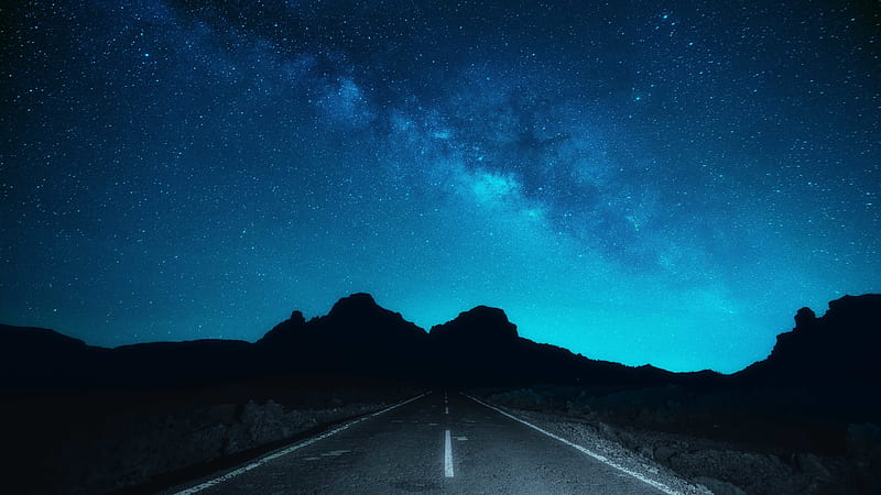 blue night, road, stars, clouds, mood, mountain silhouette, Landscape, HD wallpaper
